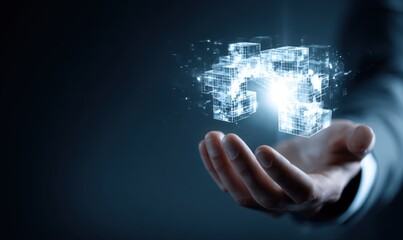 An open hand presents a glowing, pixelated geometric structure floating above it against a dark blue background