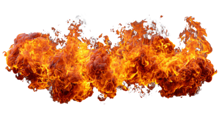 Dynamic flames creating an intense visual effect with vibrant orange and yellow hues, isolated on a transparent background for creative designs.
