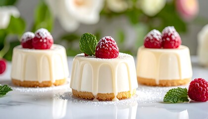 Three small white cheesecakes topped with raspberries