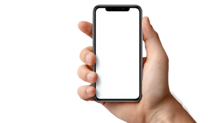 Hand holding a smartphone with a blank screen, ideal for displaying apps or messages. Clean, modern design with focus on the device, isolated on a white background.