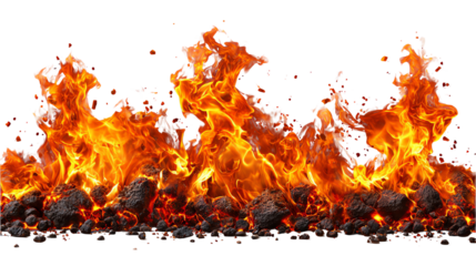 Dynamic flames dancing above a bed of dark rocks, showcasing vibrant hues of orange and yellow against a transparent background for dramatic effect.
