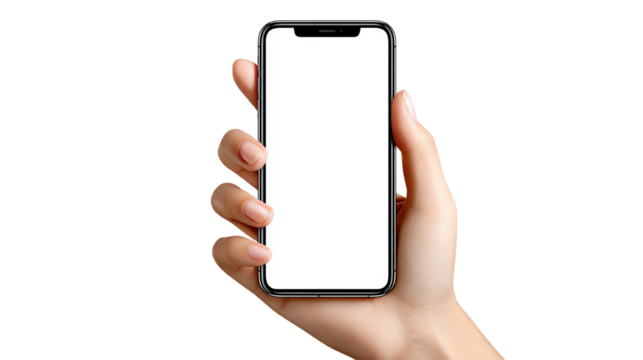 A close-up of a hand holding a smartphone with a blank screen, perfect for showcasing apps, designs, or concepts in a modern and minimalistic style.