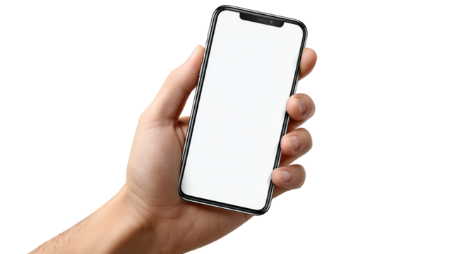A hand holding a modern smartphone with a blank screen, perfect for showcasing apps or digital content. Ideal for presentations and advertisements in tech and mobile sectors.