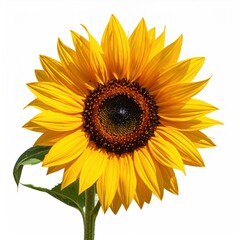 Fototapeta premium A radiant sunflower in full bloom, showcasing vibrant yellow petals surrounding a dark, intricate center, complemented by green leaves against white
