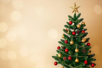 Obraz premium Decorated Christmas tree with red and gold ornaments on warm beige background. Elegant composition with copy space. Perfect for festive marketing campaigns.