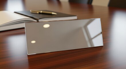 Good conference. Blank nameplate on wooden desk with notebook and pen