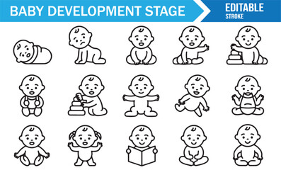 Baby development milestone symbols collection outline style illustrations