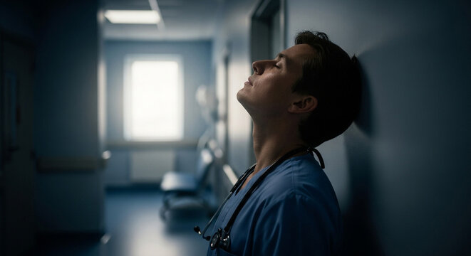 An exhausted male doctor in scrubs leans against a wall in a dark hospital hallway, looking stressed and overwhelmed. - Powered by Adobe