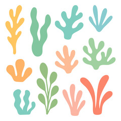 Cartoon coral and seaweed collection in pastel colors. Flat style marine plants for underwater scenes and ocean designs
