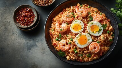 Bowl of spicy noodles with shrimp, peas, and eggs