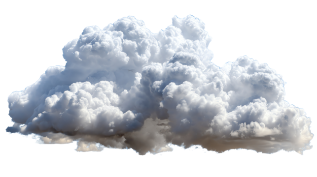 Fluffy white cloud on a transparent background, ideal for various graphic designs, nature themes, or weather-related projects.