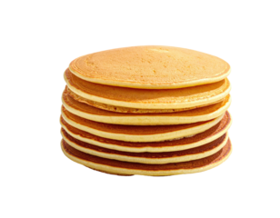 A stack of seven golden-brown pancakes, slightly browned on the edges, sitting on a plain background