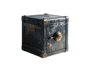 A weathered, dark-toned, cube-shaped safe, with brass accents and a visible lock