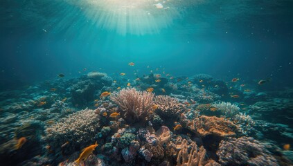 Fototapeta premium Vibrant coral reef teeming with life, bathed in sunlight, showcases a rich underwater world.