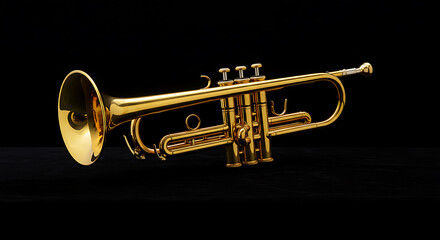 Fototapeta premium A gleaming golden trumpet, showcasing its intricate valves and bell against a stark black backdrop.