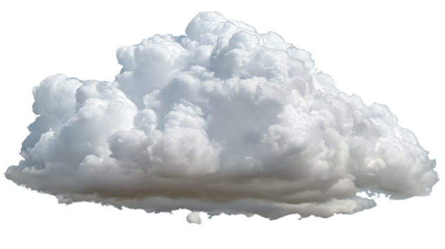 Fluffy white cloud isolated against a transparent background, perfect for graphics or creative compositions.