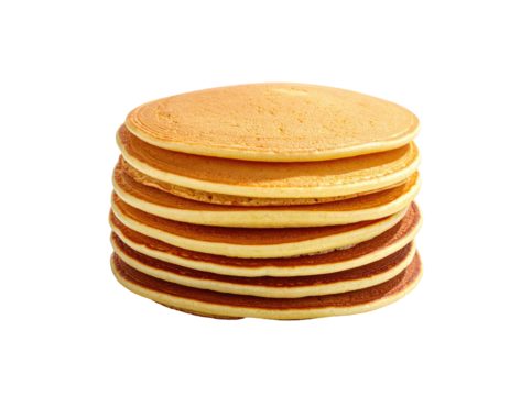 A stack of seven golden-brown pancakes, slightly browned on the edges, sitting on a plain background