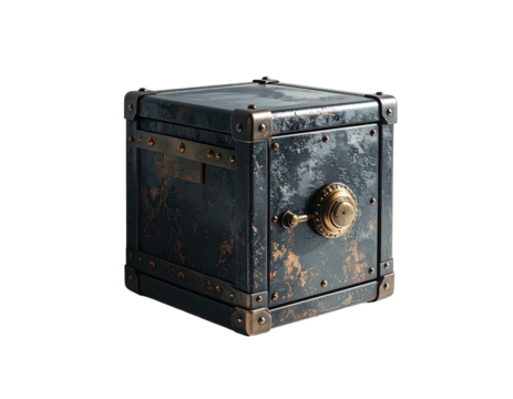 A weathered, dark-toned, cube-shaped safe, with brass accents and a visible lock