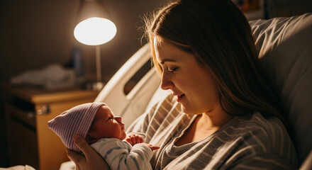 A new mother gazes lovingly at her newborn baby in a hospital room, illuminated by soft lighting.