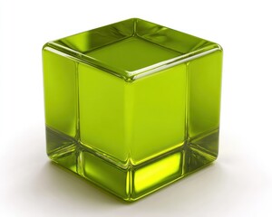 A translucent, lime-green cube with rounded edges sits on a white surface, casting a soft shadow. The cube appears to be made of glass or plastic