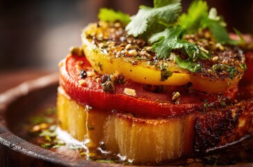 Stacked, grilled vegetables on a wood plate glisten under a warm light, topped with fresh cilantro. Oil and herb seasonings coat the layered dish