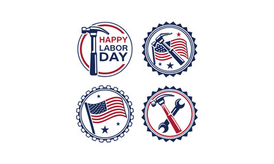 Happy Labor Day Badge Sticker Set with Tools and Flag