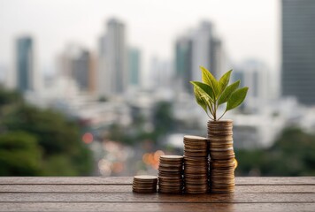 Stacked coins rise like steps, topped with a vibrant green plant against a soft, blurred city backdrop. Symbolic of growth, finance, and future prospects