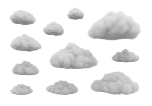 Illustration of a collection of fluffy white clouds of various sizes and shapes, isolated on a transparent background, representing weather and sky on transparent background