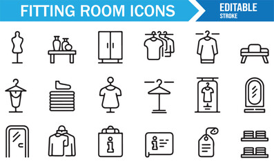 Classic fitting room icon collection with mirrors, hangers, and furniture