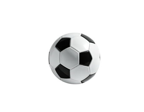 A black and white soccer ball, centered against a black background.  The ball's surface is composed of interconnected pentagonal and hexagonal panels