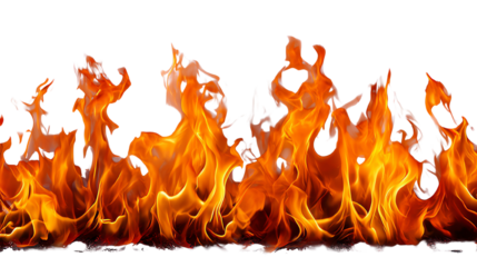 Vibrant flames dancing upwards against a transparent background, showcasing an array of fiery textures and colors, ideal for graphic design, backgrounds, or artistic projects.