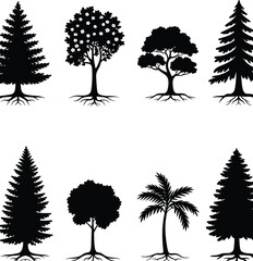 Tree silhouette collection with roots, pine, palm, floral, nature design, vector outline art, cad drawing flat vector illustration, forest elements