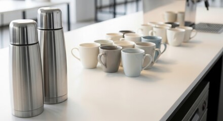 Good conference. Coffee thermoses and mugs on a modern kitchen counter