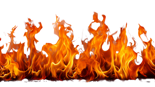 Vibrant flames dancing upwards against a transparent background, showcasing an array of fiery textures and colors, ideal for graphic design, backgrounds, or artistic projects.