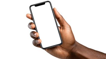 A hand holding a smartphone with a blank screen, perfect for showcasing apps or digital content on a white isolate background.