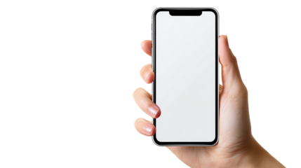 A hand holding a smartphone with a blank screen, showcasing a modern device perfect for app displays and digital marketing.