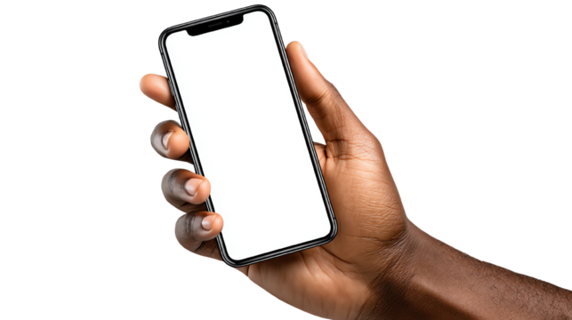 A hand holding a smartphone with a blank screen, perfect for showcasing apps or digital content on a white isolate background.