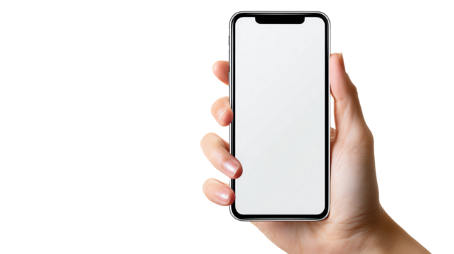 A hand holding a smartphone with a blank screen, showcasing a modern device perfect for app displays and digital marketing.