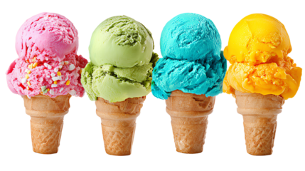 Four colorful ice cream cones featuring pink, green, blue, and yellow flavors set against a bright white background, perfect for summer and dessert themes.