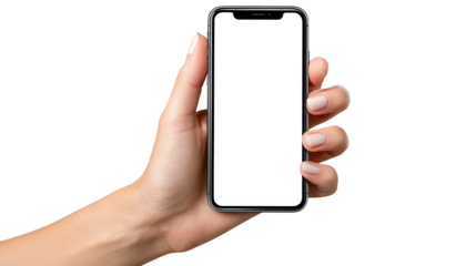 A hand holding a modern smartphone with a blank screen, perfect for showcasing app designs or mobile features against a transparent background.