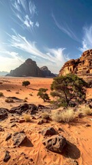 Desert landscape with sparse vegetation and dramatic clouds