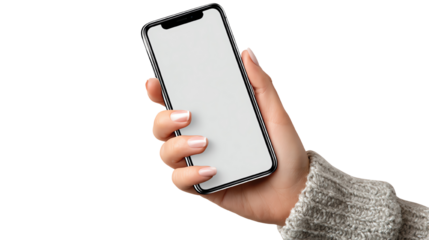 A close-up view of a hand holding a smartphone with a blank screen, perfect for showcasing apps or digital content. Ideal for tech-related projects and marketing materials.