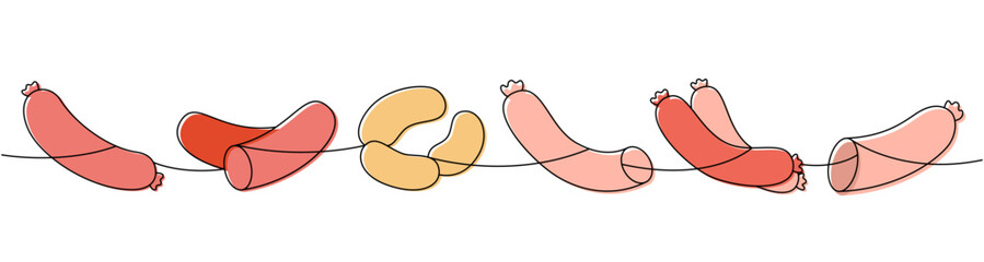 Sausages set. Butchery menu one line colored continuous drawing. Vector illustration