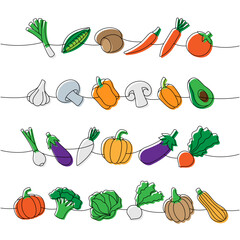 Vegetables one line colored continuous drawing. Carrot, tomato, garlic bulb, mushroom, bell pepper, avocado, pumpkin, broccoli, cabbage, turnip