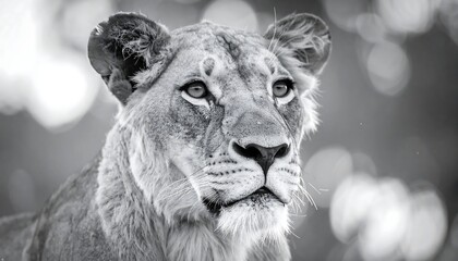 A close-up, black and white portrait of a regal lioness with a focused gaze, set against a blurred, bokeh-filled background
