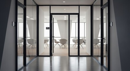 Good conference. Modern office hallway with glass doors and round tables
