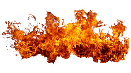 Flames in vibrant orange and yellow color, creating an intense fire effect. Perfect for backgrounds or overlays in designs. Isolated on a transparent background for flexibility.
