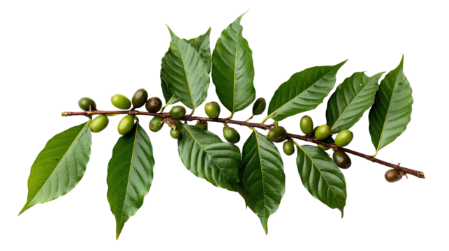 A vibrant green branch showcasing coffee leaves and unripe coffee cherries against a clean, isolated background, emphasizing natural beauty and agricultural significance.