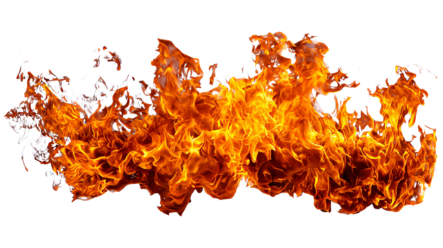 Flames in vibrant orange and yellow color, creating an intense fire effect. Perfect for backgrounds or overlays in designs. Isolated on a transparent background for flexibility.
