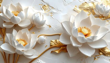 White lotus flowers with golden accents, 3D embossed floral art, luxury decorative background.